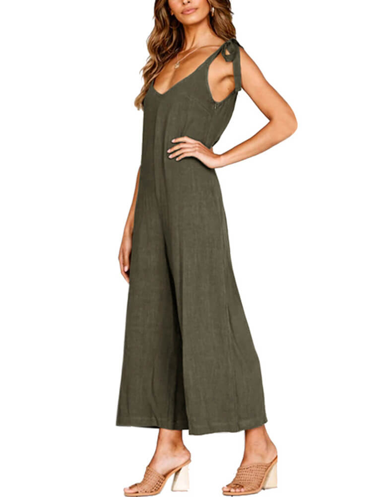 Solid Color Casual Loose Bow Strap Sleeveless Jumpsuit