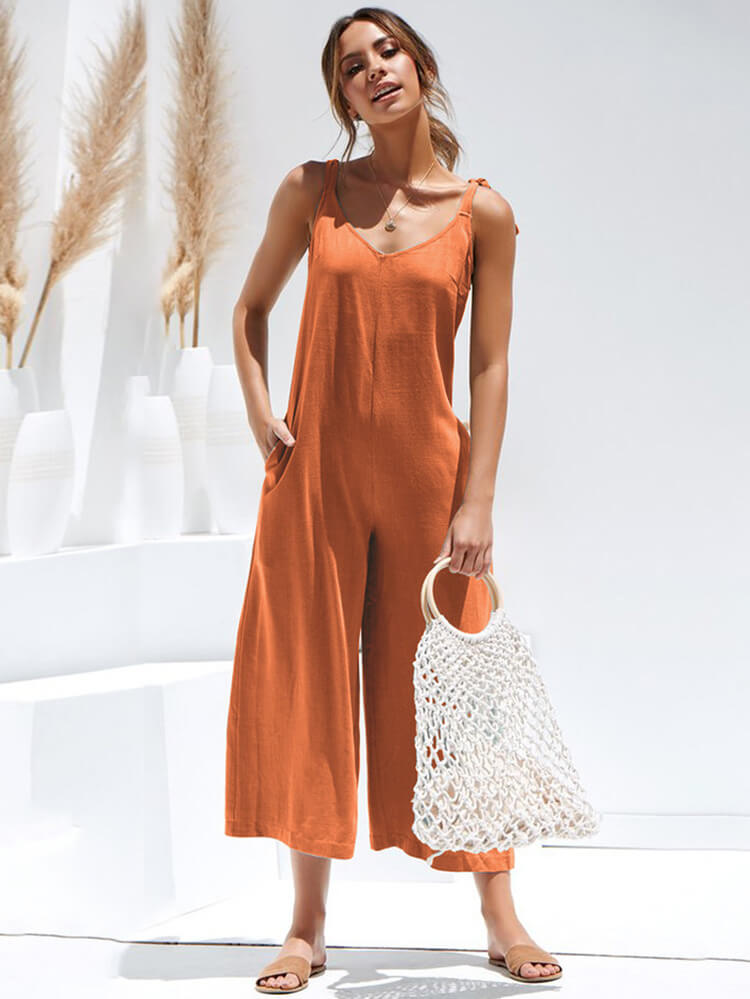 Solid Color Casual Loose Bow Strap Sleeveless Jumpsuit