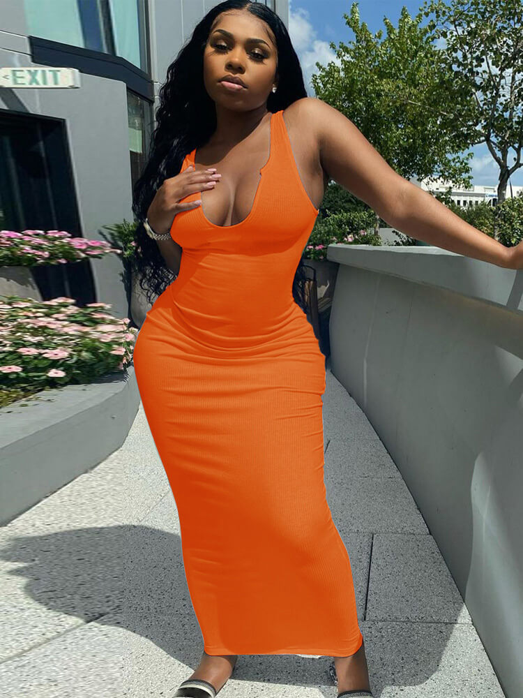 Solid Color Sleeveless Racerback Rib Bodycon Maxi Dresses