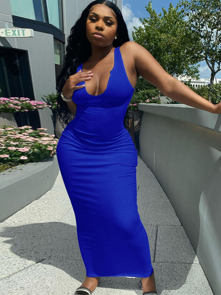 Solid Color Sleeveless Racerback Rib Bodycon Maxi Dresses