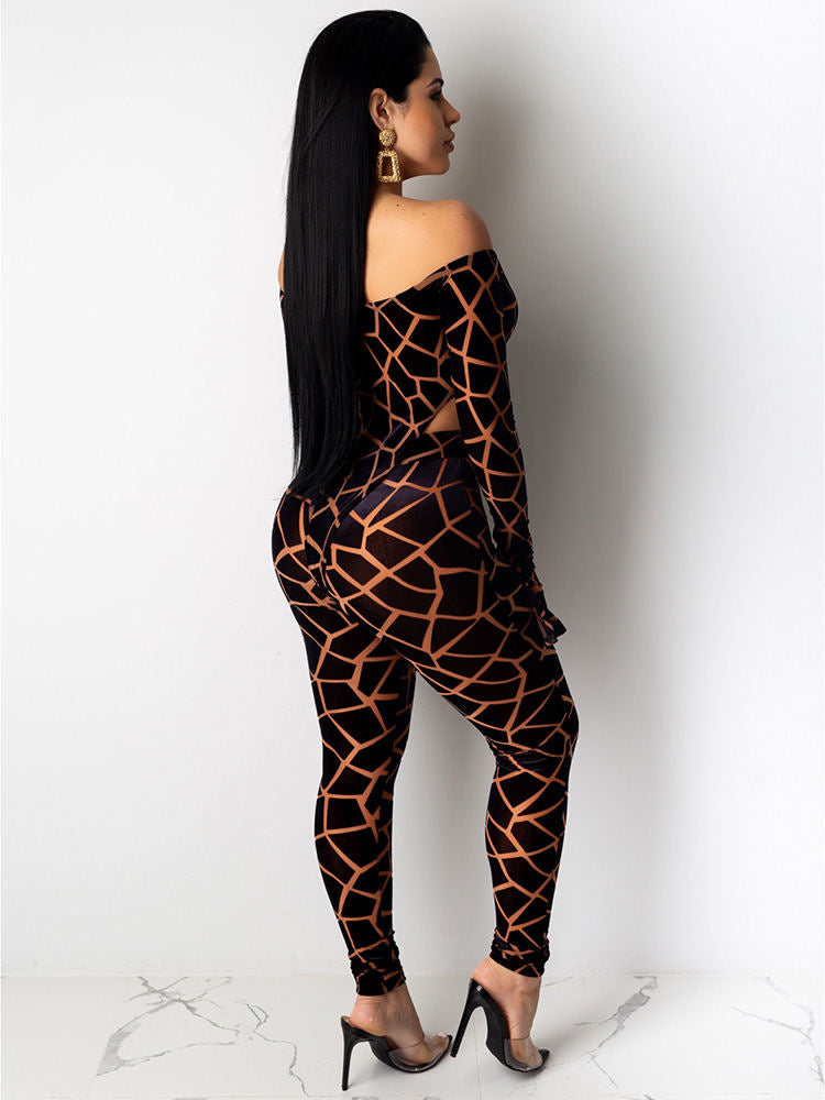 Two Pieces Printed Off Shoulder JumpSuit & Bodycon Pants