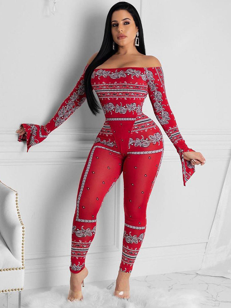 Two Pieces Printed Off Shoulder JumpSuit & Bodycon Pants