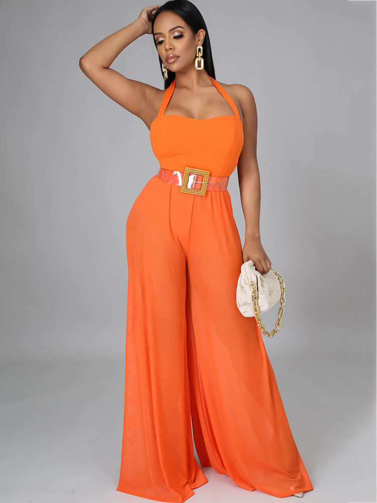 Halter Neck Strap Sheer Mesh Wide Leg Jumpsuits