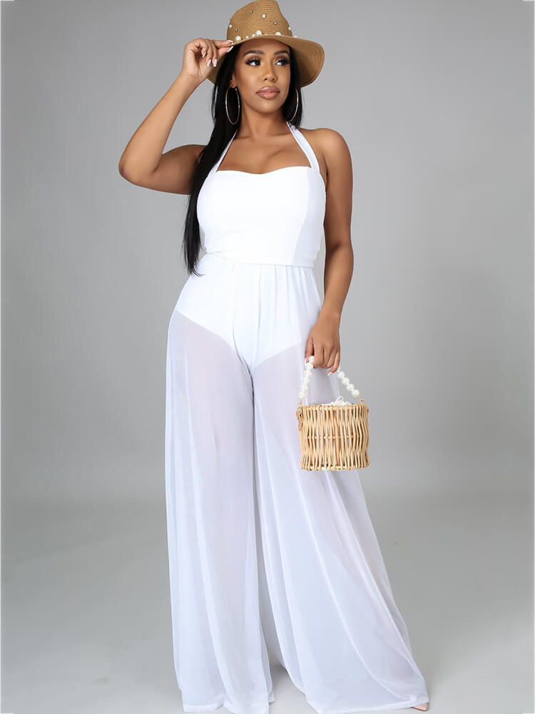 Halter Neck Strap Sheer Mesh Wide Leg Jumpsuits