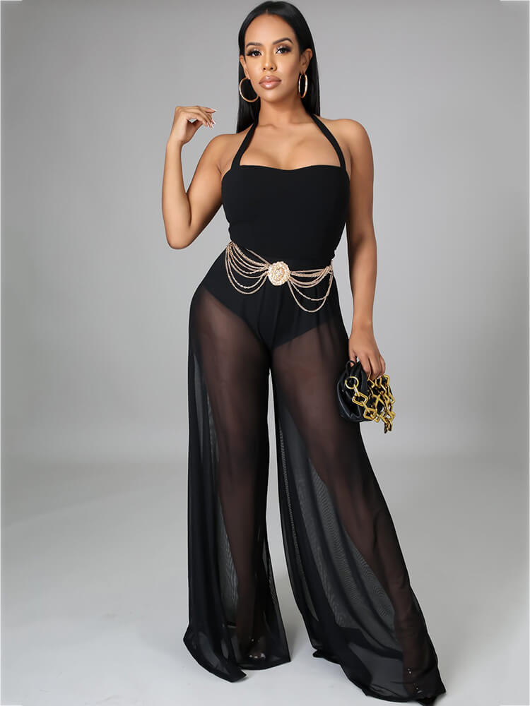 Halter Neck Strap Sheer Mesh Wide Leg Jumpsuits