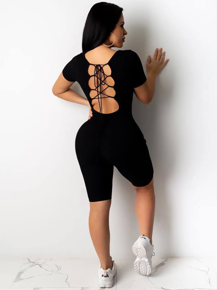 Solid Color Backless Lace Up Bodycon Jumpsuits