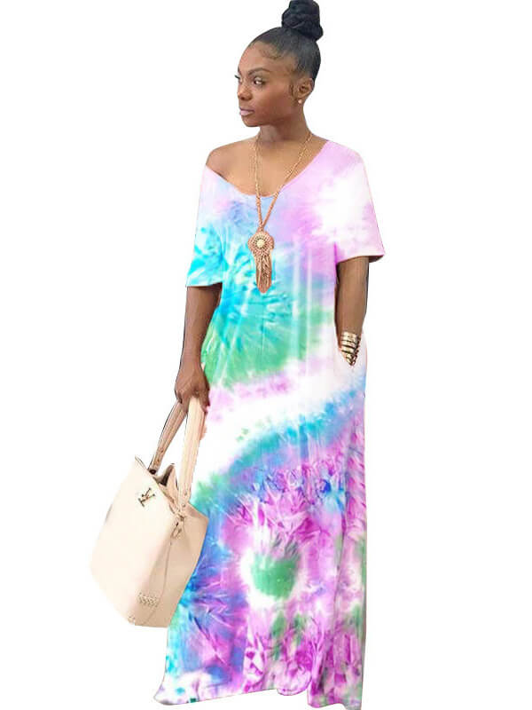 Plus Size Off Shoulder Tie Dyed Maxi Dresses