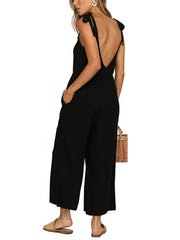 Solid Color Casual Loose Bow Strap Sleeveless Jumpsuit