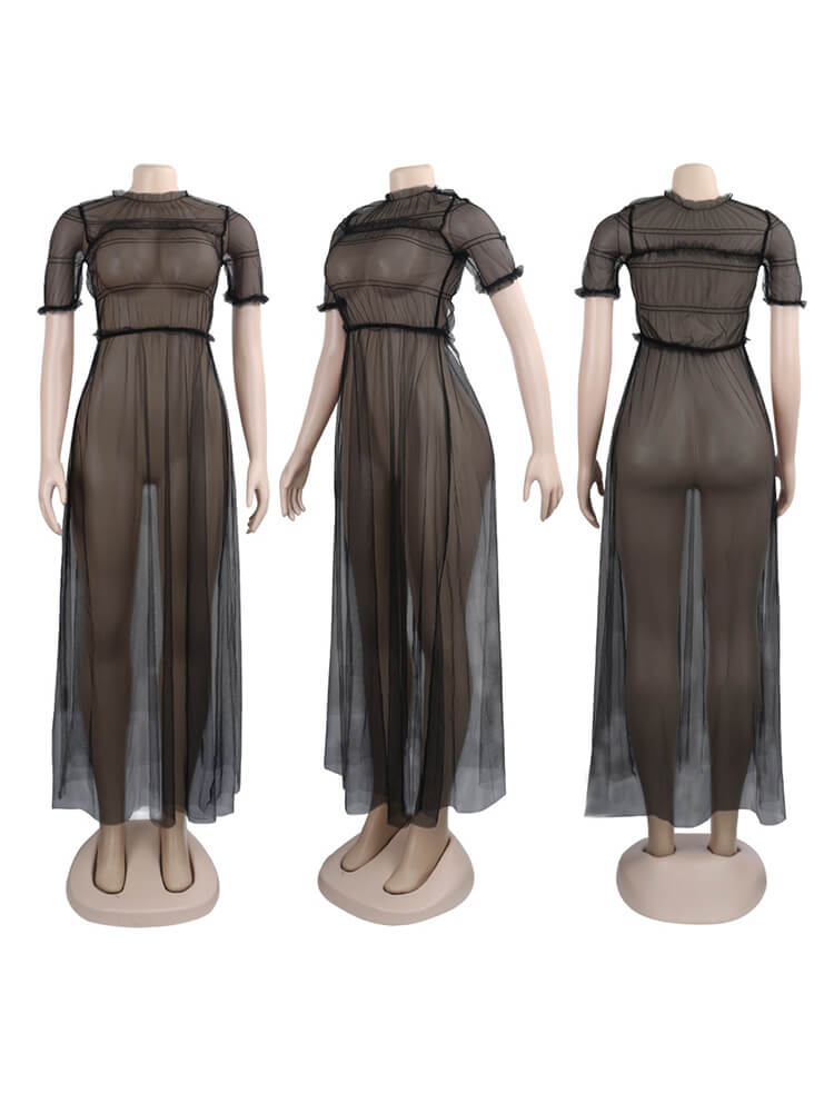 Ruffle Mesh Short Sleeve Maxi Dresses