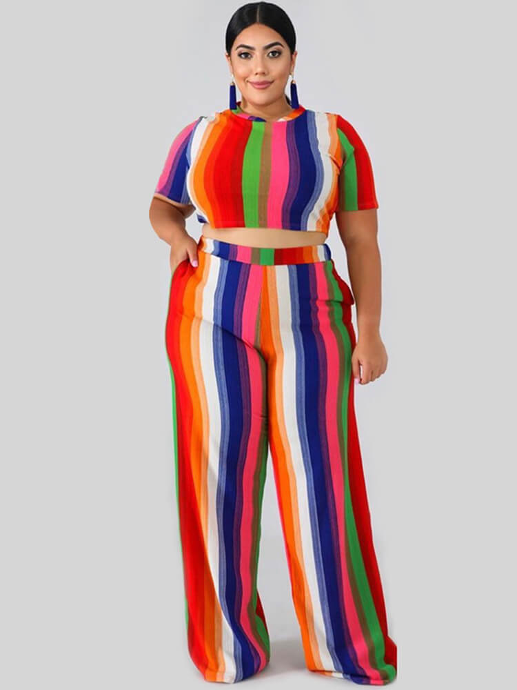 Plus Size Two Piece Stripes Crop Top + Long Pants Sets