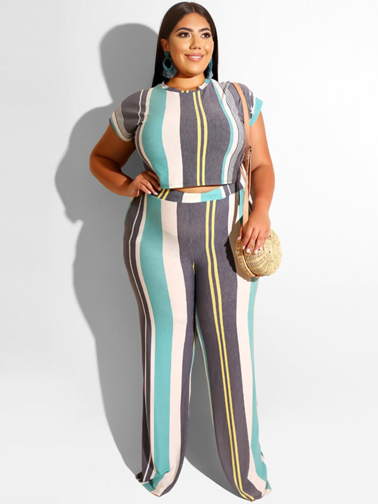 Plus Size Two Piece Stripes Crop Top + Long Pants Sets