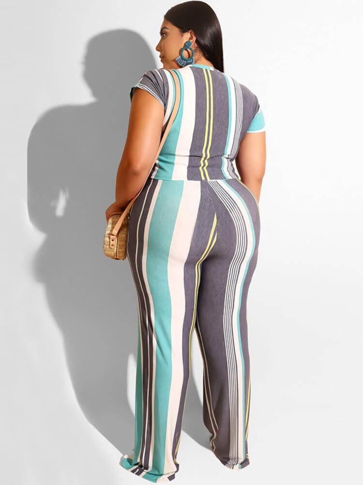 Plus Size Two Piece Stripes Crop Top + Long Pants Sets