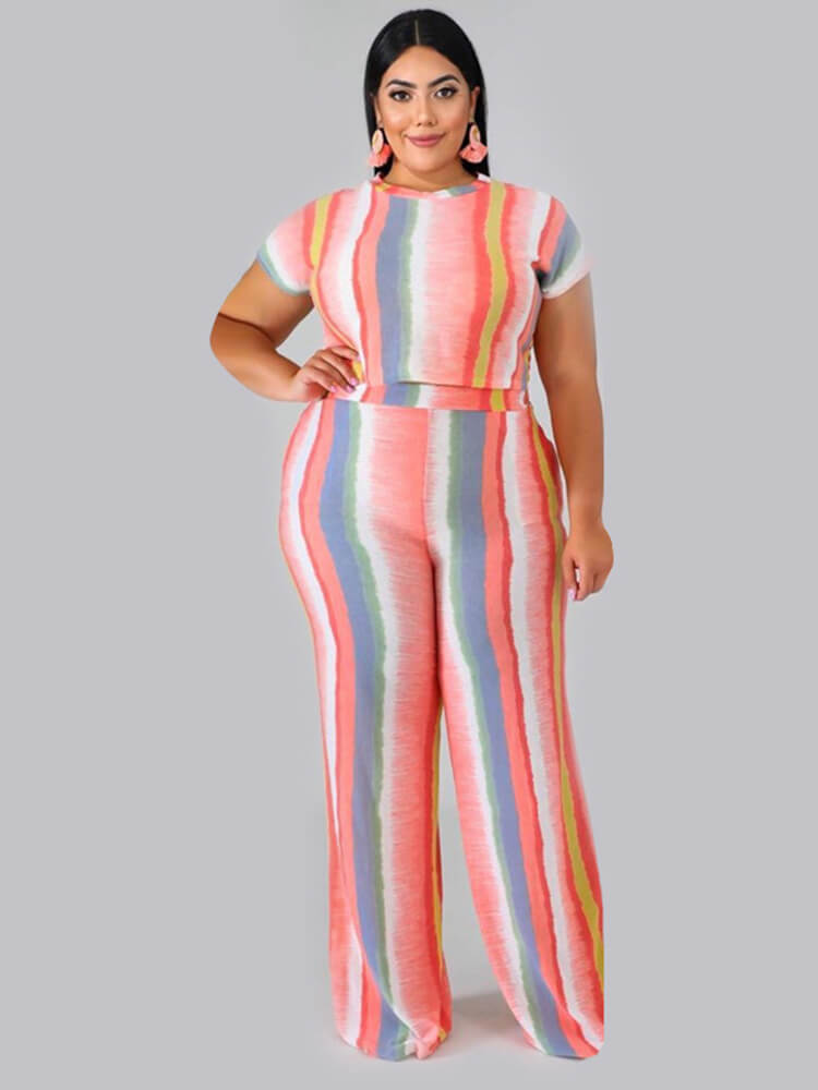 Plus Size Two Piece Stripes Crop Top + Long Pants Sets