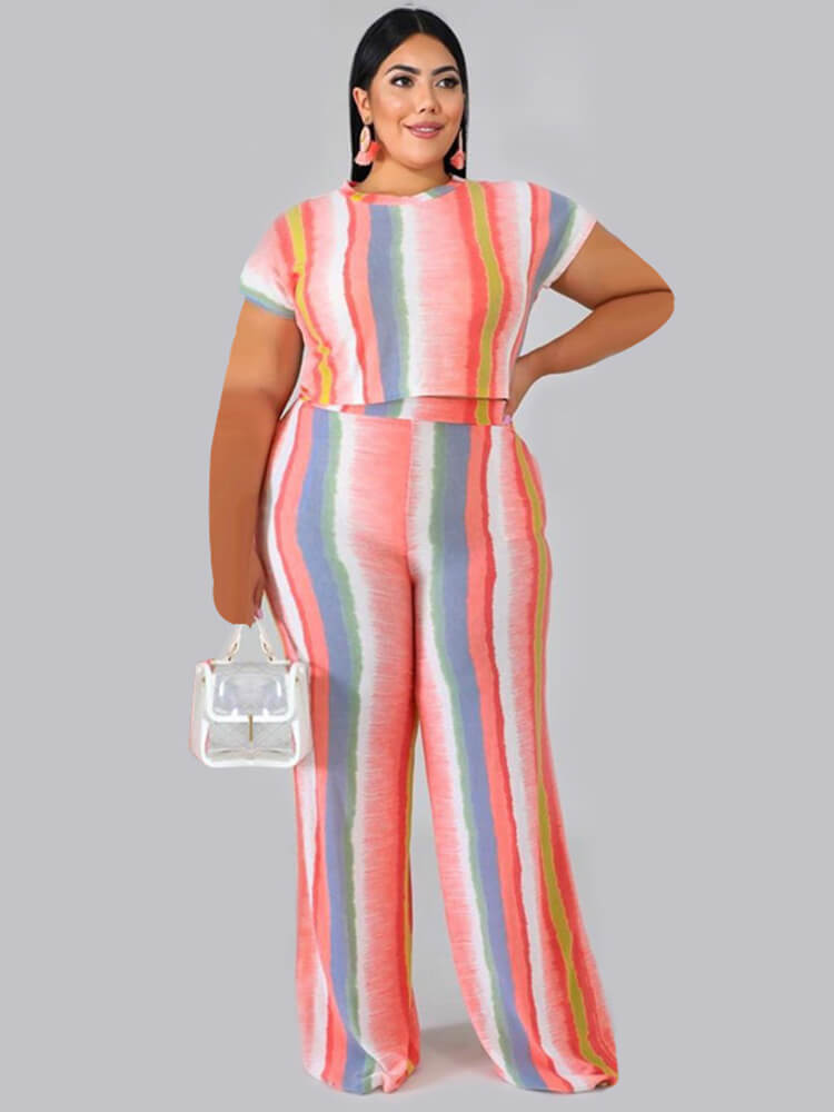 Plus Size Two Piece Stripes Crop Top + Long Pants Sets