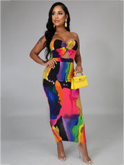 Tie Dyed Multicolor Strapless Bodycon Maxi Dresses