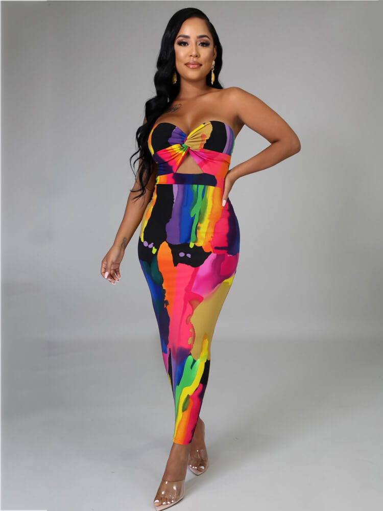 Tie Dyed Multicolor Strapless Bodycon Maxi Dresses