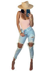 Stretchy Mid Waist Skinny Ripped Distressed Denim Jeans