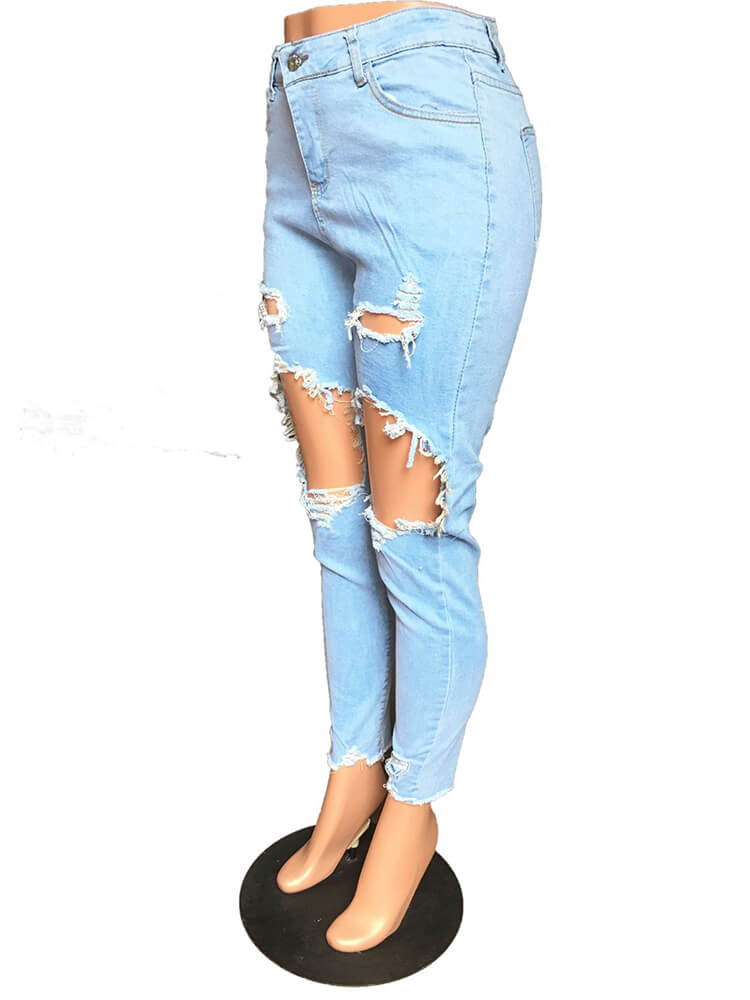 Stretchy Mid Waist Skinny Ripped Distressed Denim Jeans