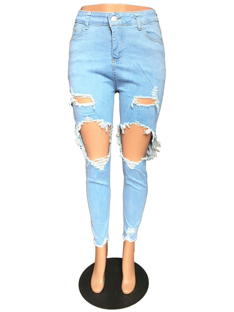 Stretchy Mid Waist Skinny Ripped Distressed Denim Jeans