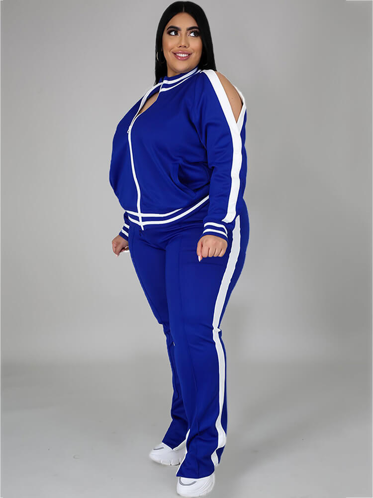 Plus Size Cold Shoulder Jacket+Pants Sets