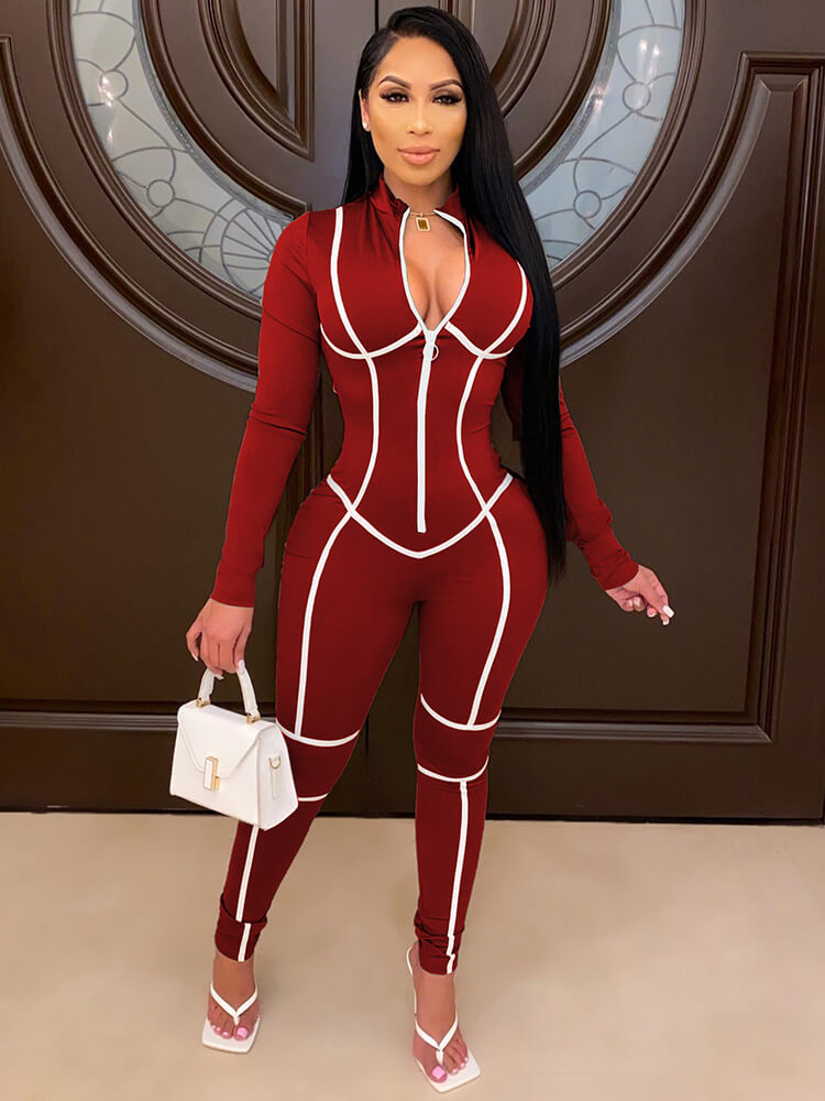 One Piece Long Sleeve Zipper Bodycon Jumpsuits