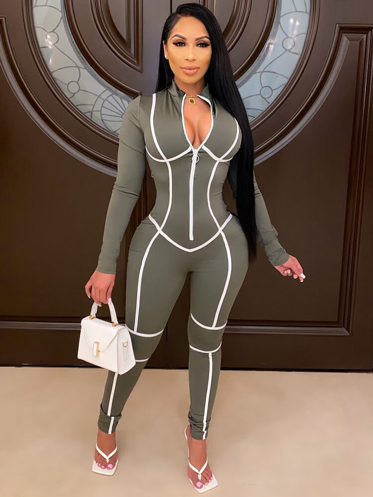 One Piece Long Sleeve Zipper Bodycon Jumpsuits