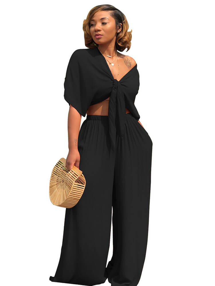 Two Piece Bowknot Tie Front Crop Top+Wide Leg Pant Sets