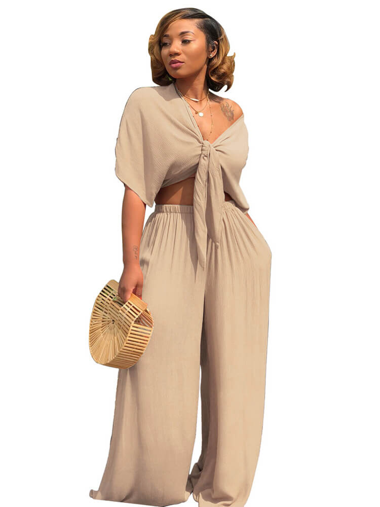 Two Piece Bowknot Tie Front Crop Top+Wide Leg Pant Sets