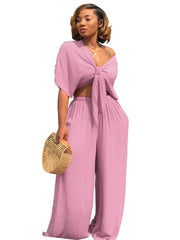 Two Piece Bowknot Tie Front Crop Top+Wide Leg Pant Sets