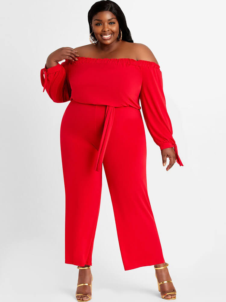 Plus Size Off Shoulder Long Sleeve Long Pants Jumpsuits