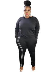 Plus Size Two Piece Stripe Long Sleeve Tops + Pants Sets