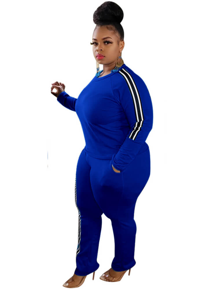 Plus Size Two Piece Stripe Long Sleeve Tops + Pants Sets