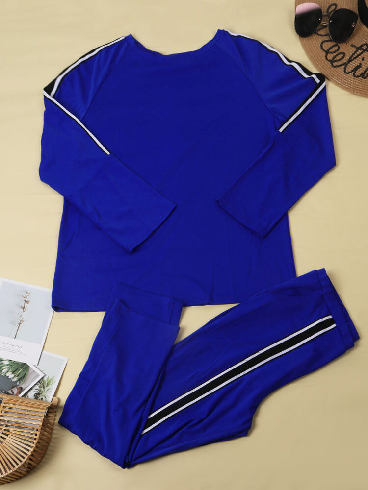 Plus Size Two Piece Stripe Long Sleeve Tops + Pants Sets