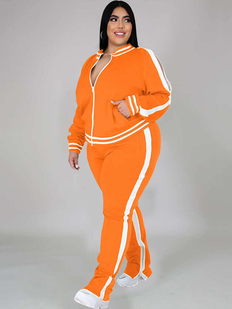 Plus Size Cold Shoulder Jacket+Pants Sets