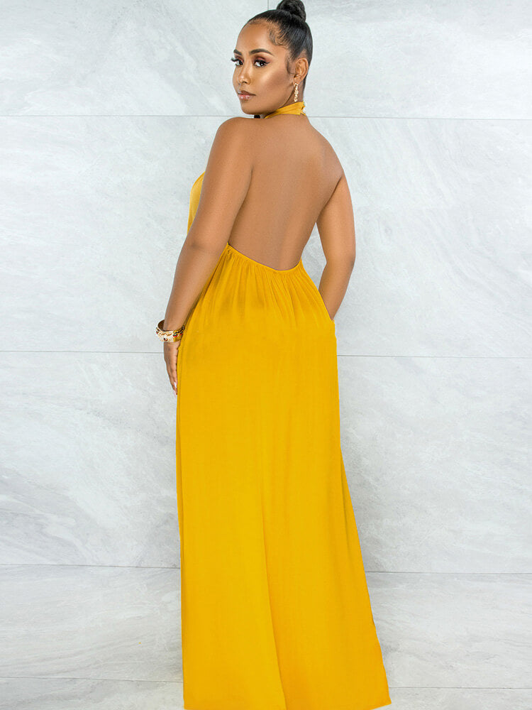 Loose Fit Halter Backless Wide Leg Jumpsuit