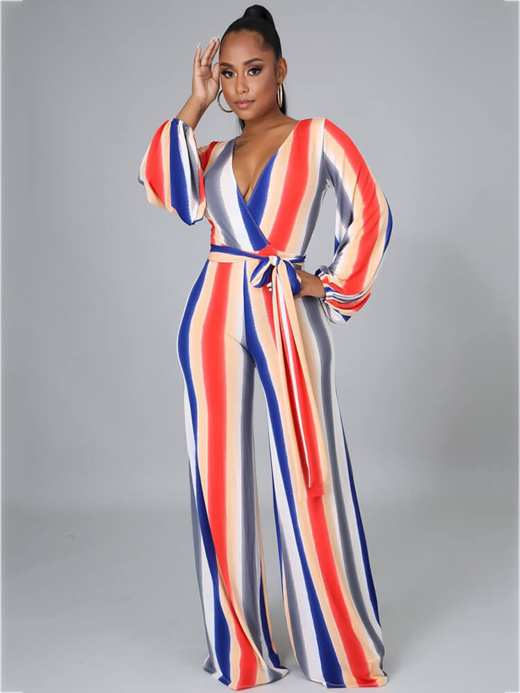 Long Sleeve Multicolor Stripe Wide Leg Jumpsuits with Belt