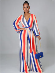 Long Sleeve Multicolor Stripe Wide Leg Jumpsuits with Belt