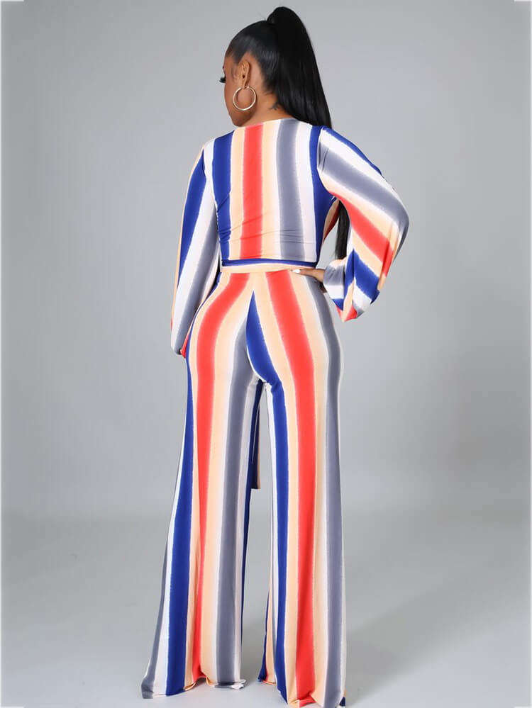 Long Sleeve Multicolor Stripe Wide Leg Jumpsuits with Belt