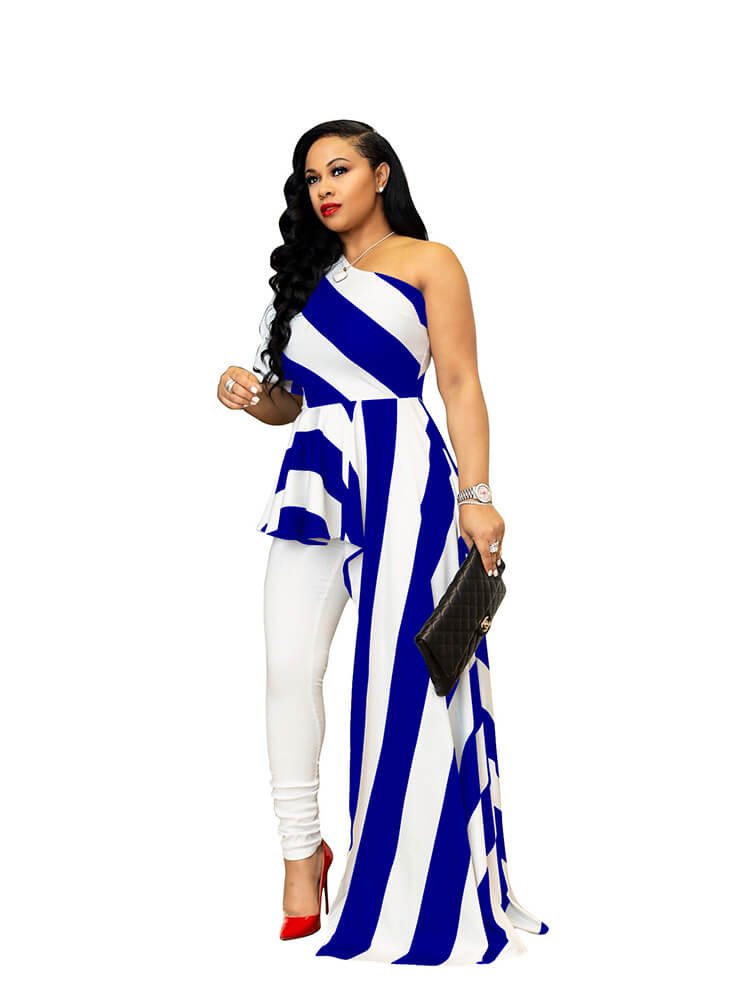 Striped One Shoulder High Low Irregular Blouse Top Dresses