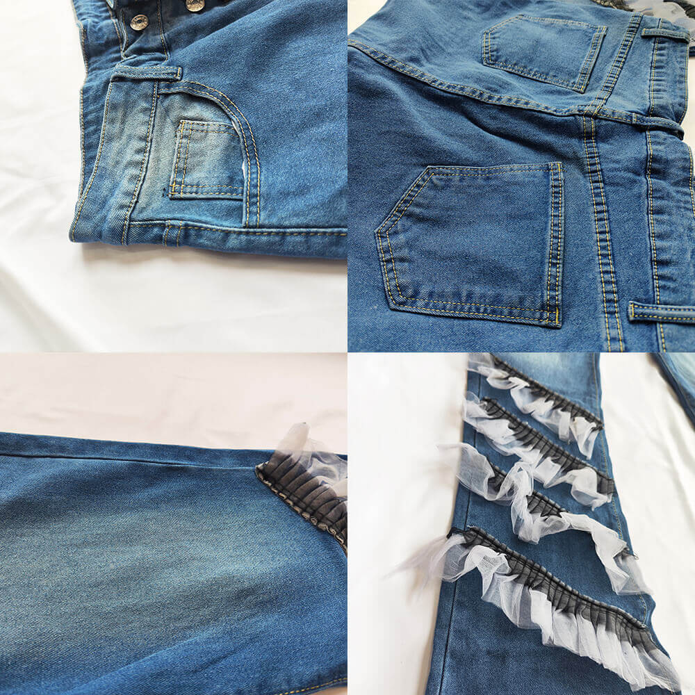 Denim Mesh Patchwork Button Flare Pants