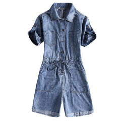 Wide leg denim overall shorts