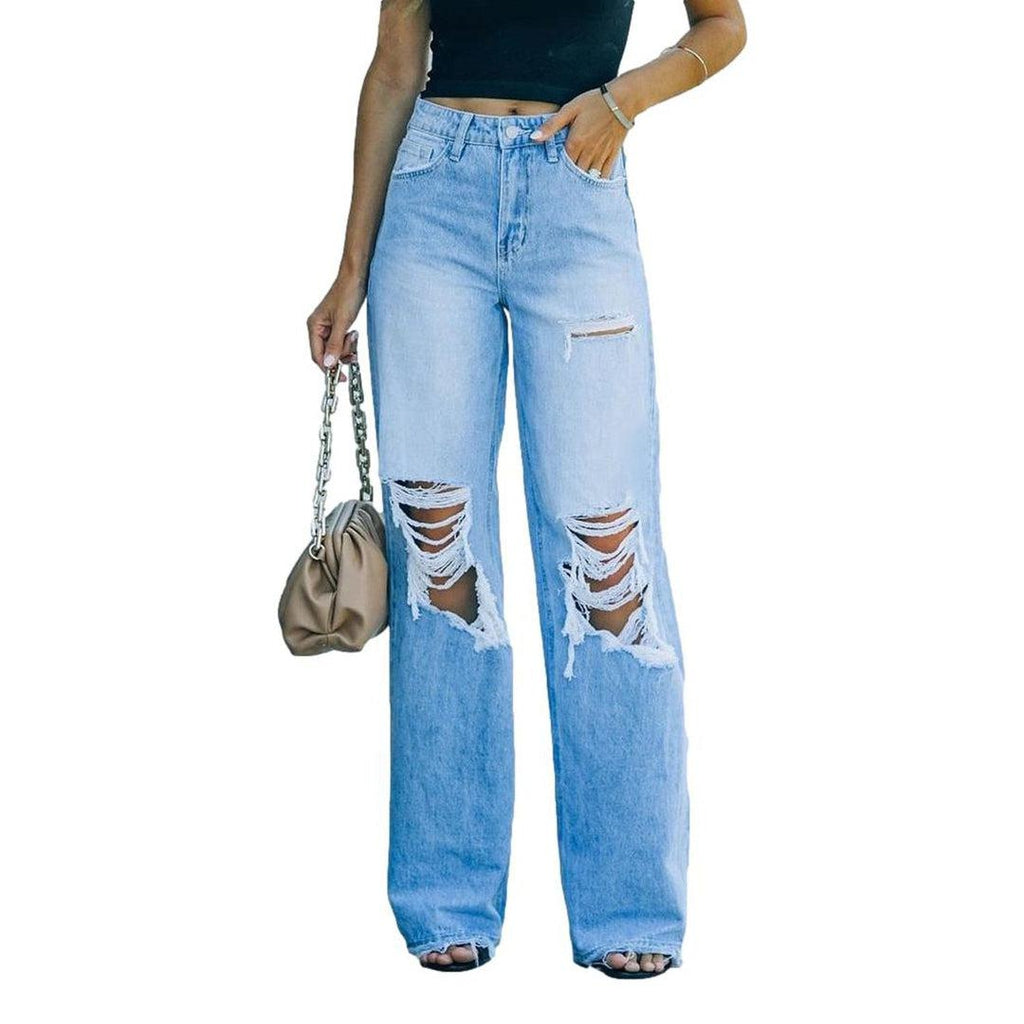 Wide leg women's distressed jeans