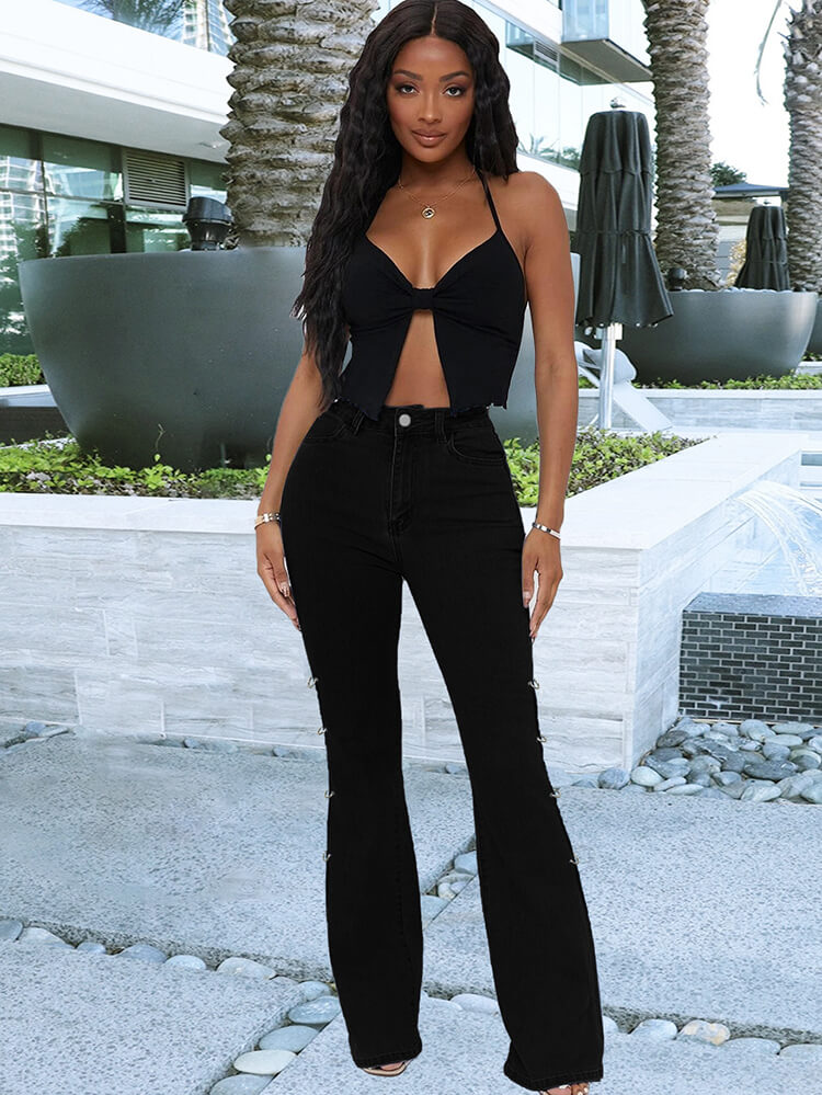 Denim High Waist Patchwork Bodycon Flare Pants