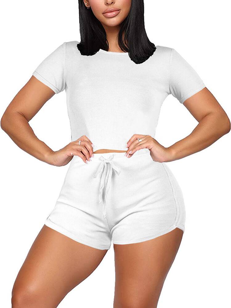 Two Pieces Solid Color Short Sleeve Crop Tops&Booty Shorts